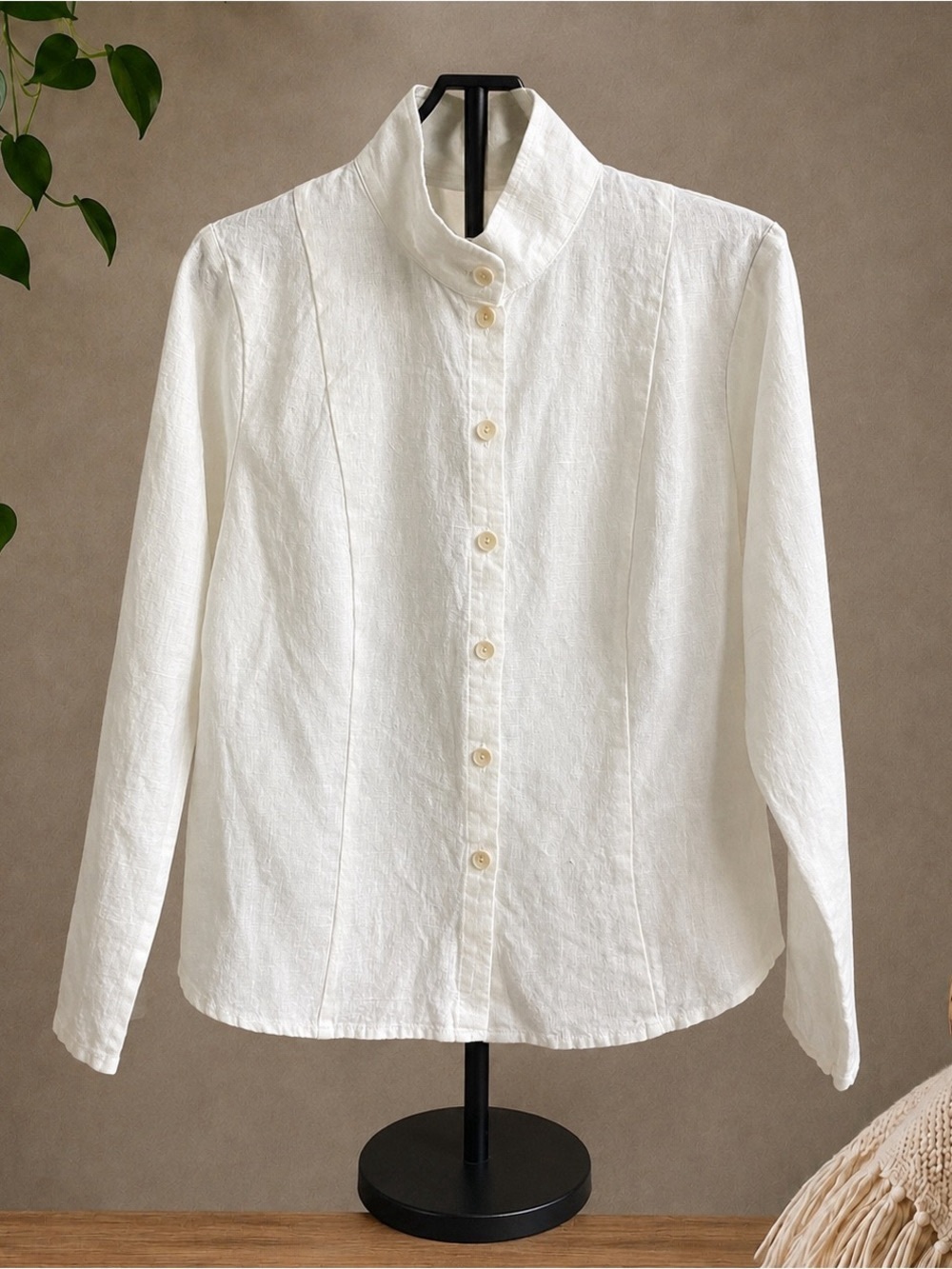 Flax 100% White Linen Structured Mandarin-Collar Button-Down Shirt-Small